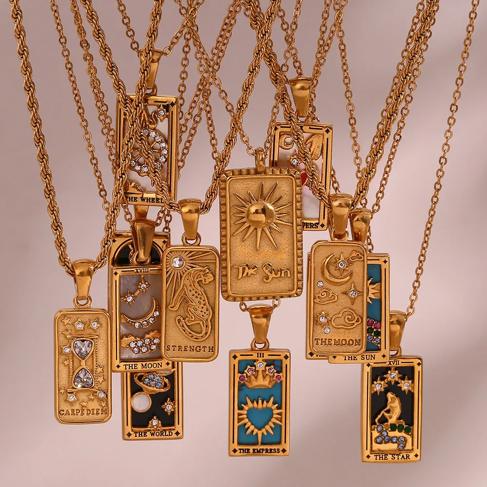 Colorful Enamel Zircon Tarot Cards Pendant Necklace