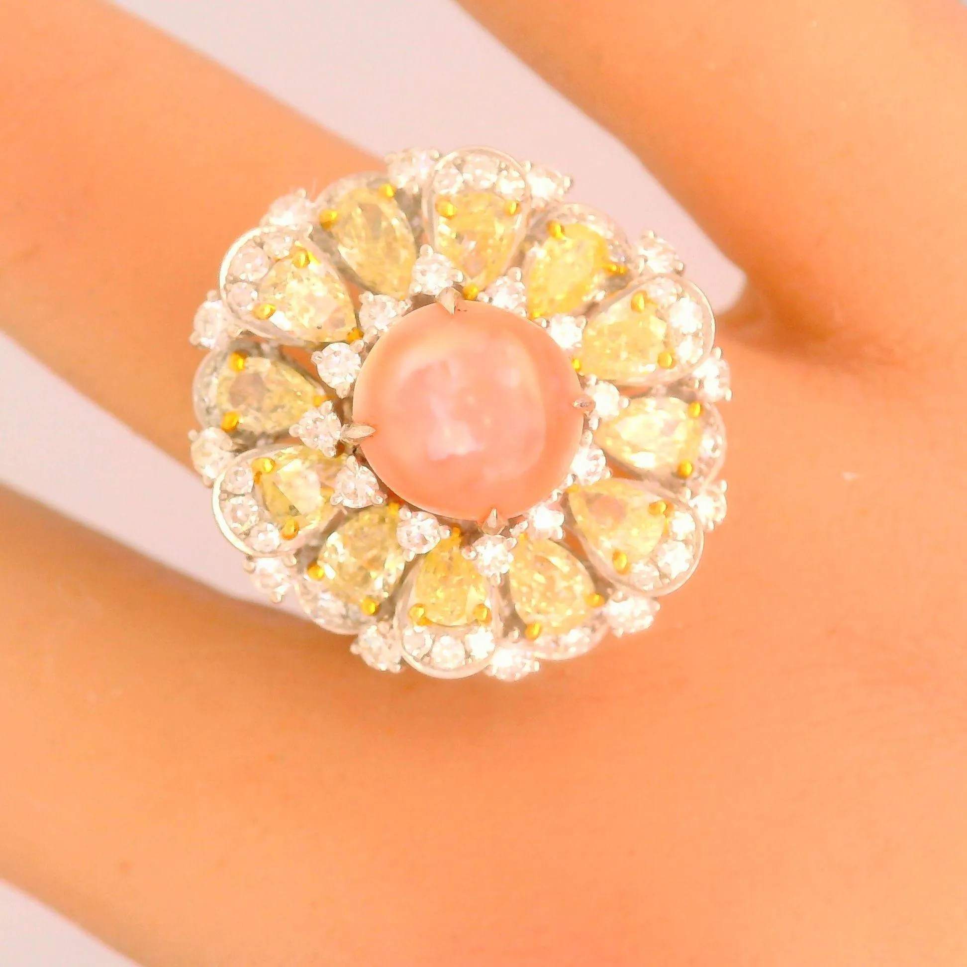 Conch Pearl & Diamond 18k White Gold Sunburst Cocktail Ring