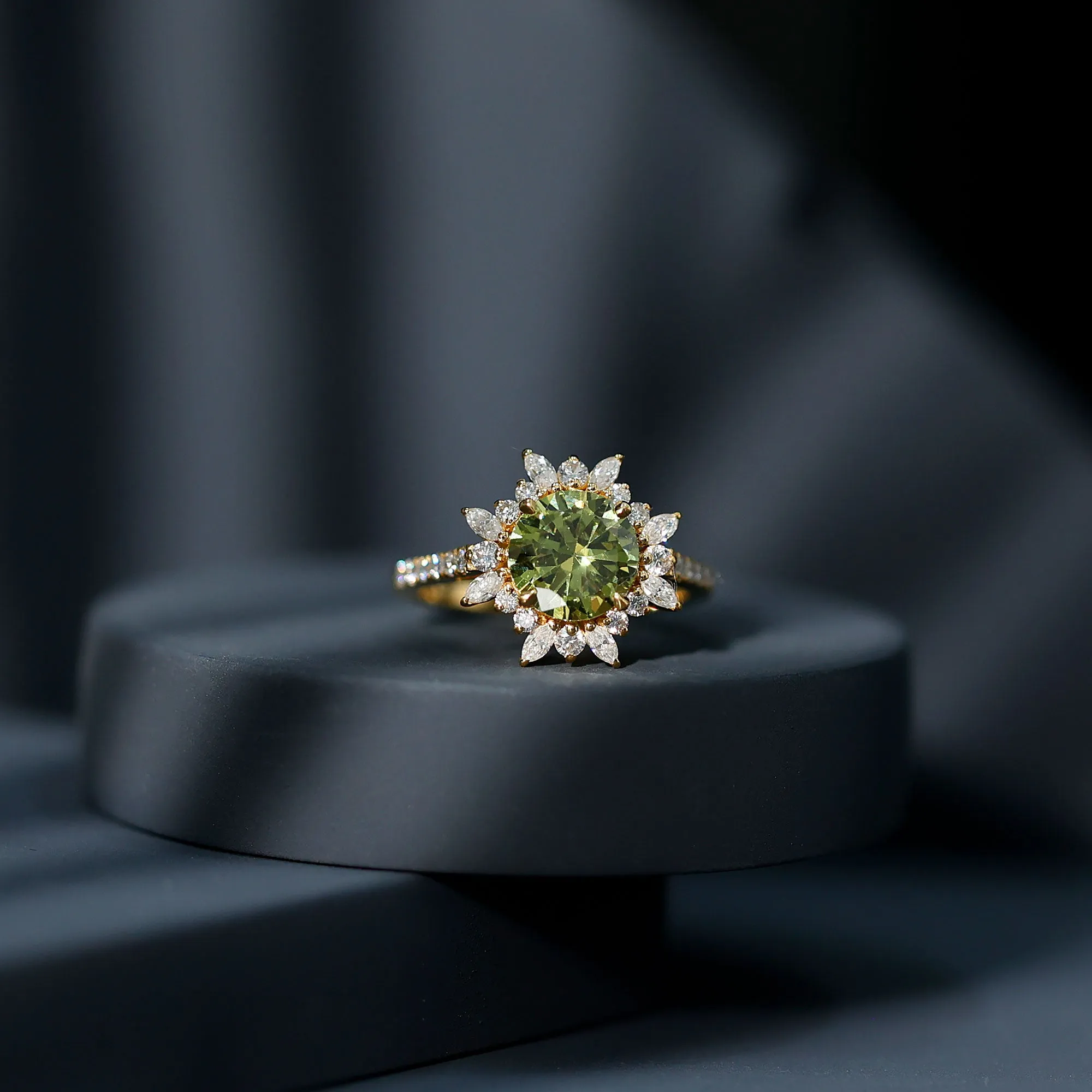 Created Green Sapphire Flower Engagement Ring with Moissanite