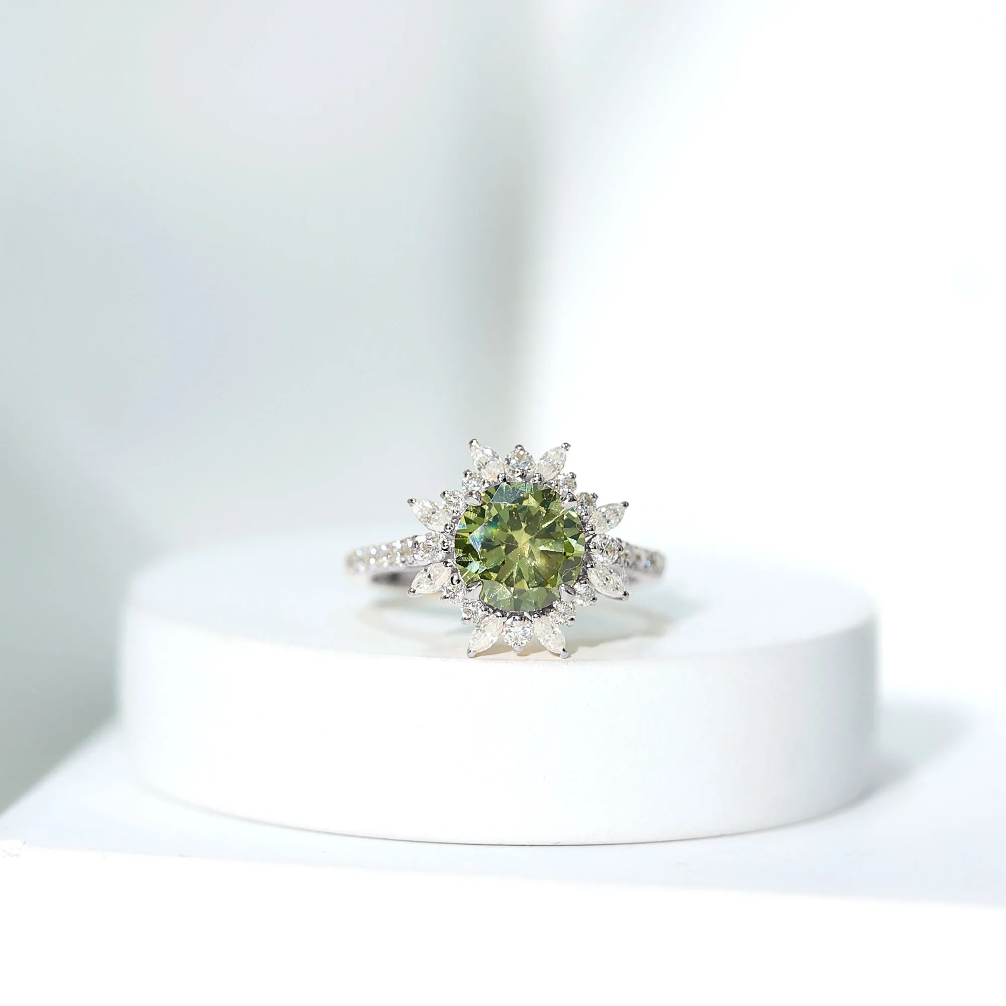Created Green Sapphire Flower Engagement Ring with Moissanite