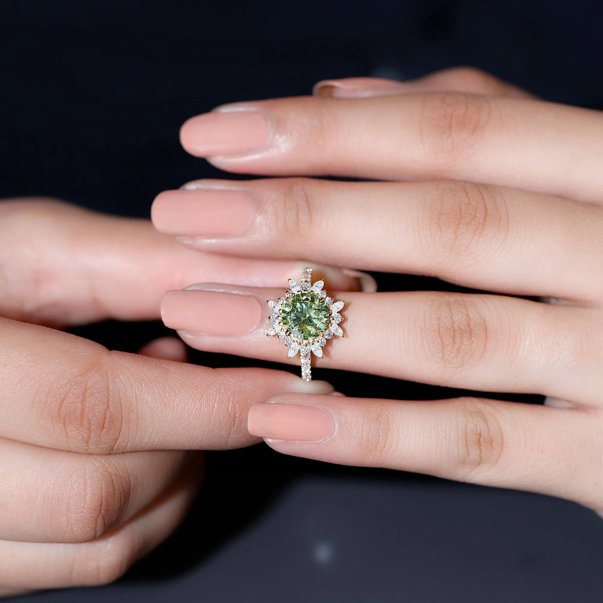 Created Green Sapphire Flower Engagement Ring with Moissanite