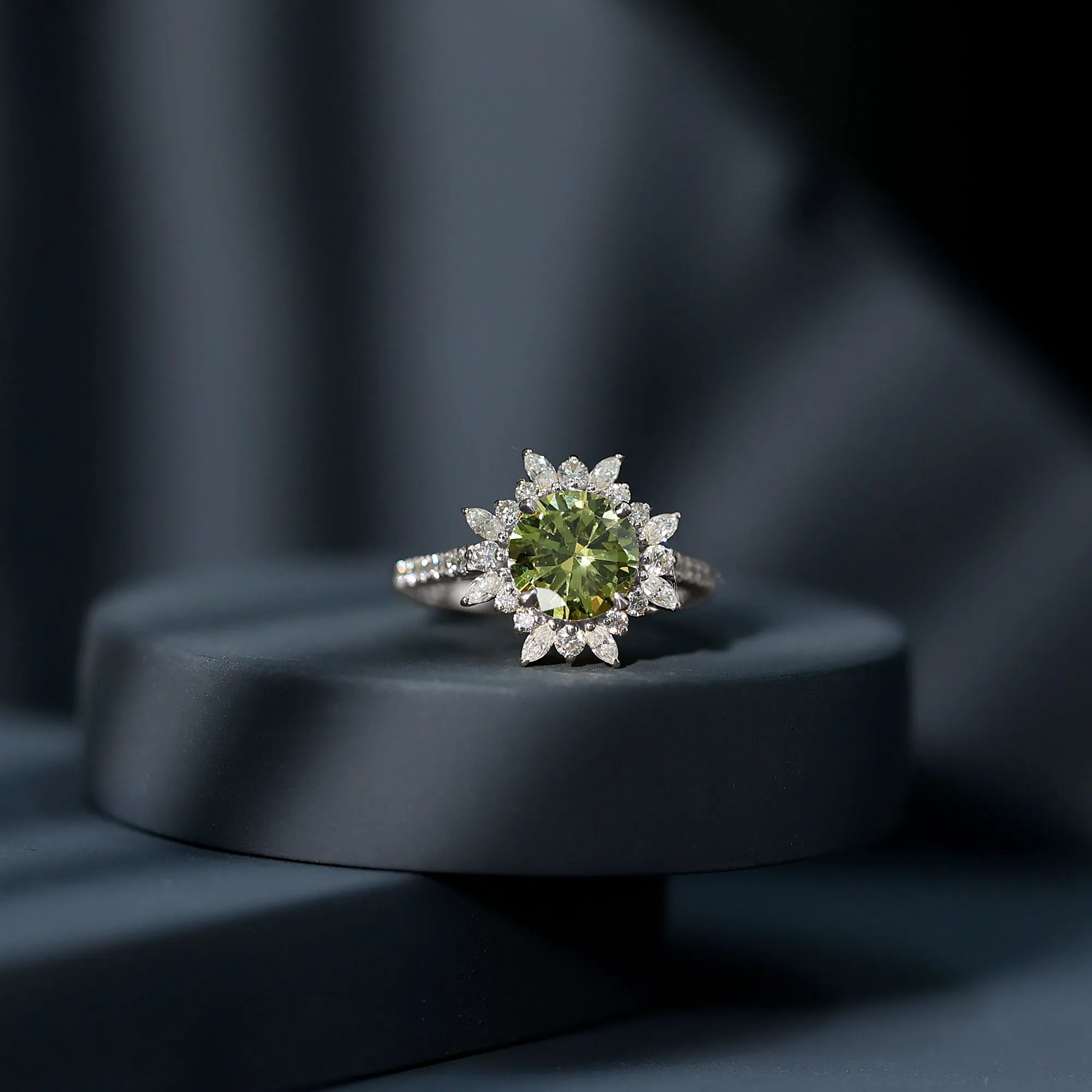 Created Green Sapphire Flower Engagement Ring with Moissanite