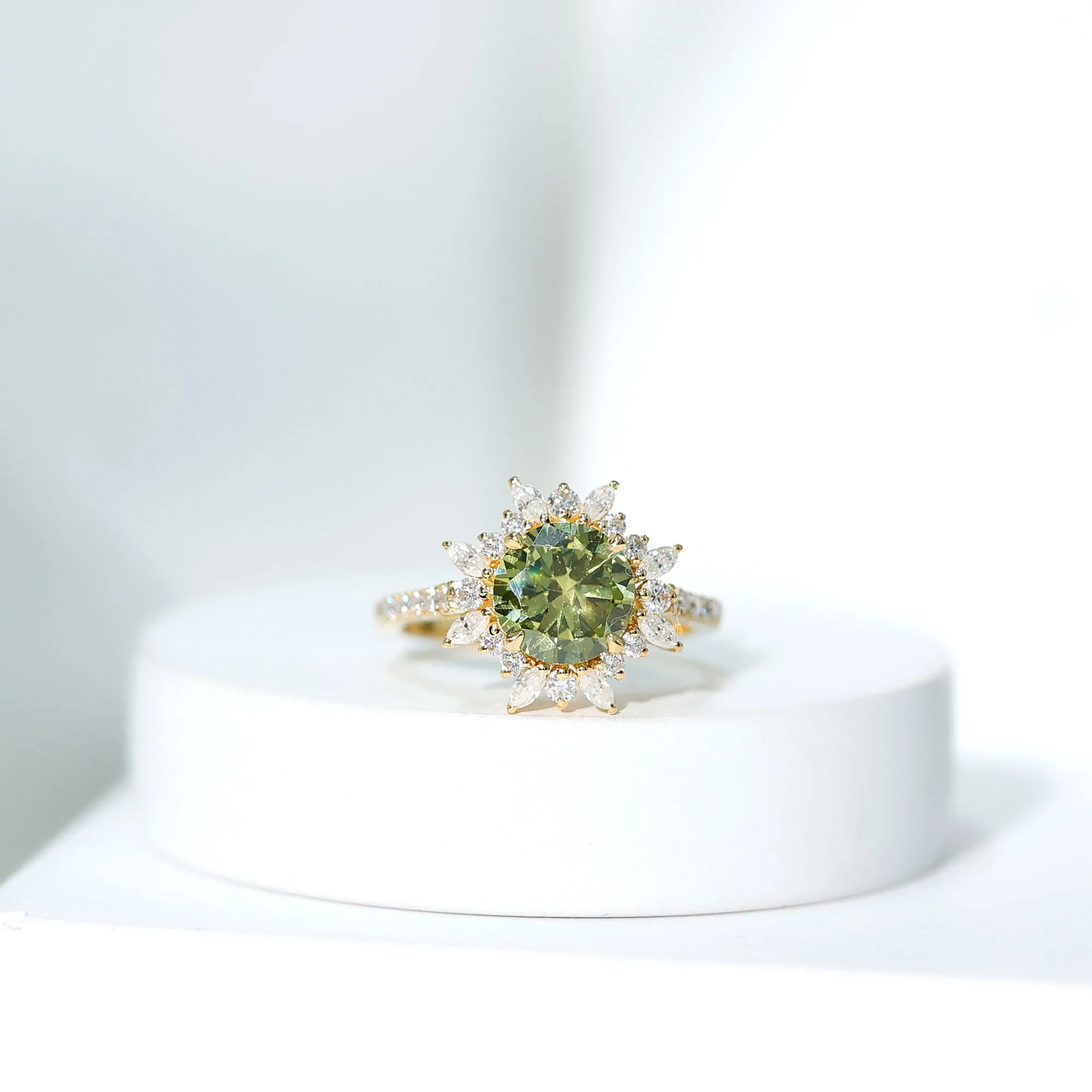 Created Green Sapphire Flower Engagement Ring with Moissanite