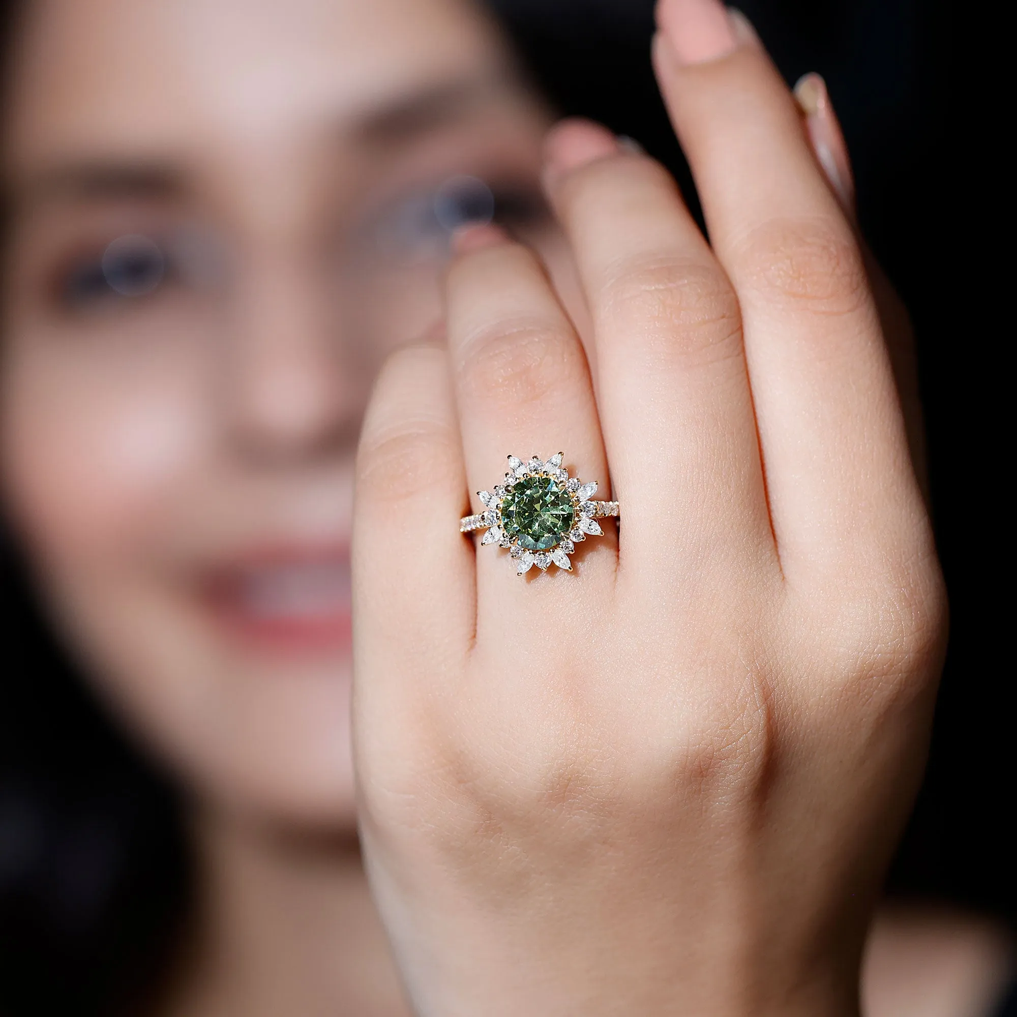 Created Green Sapphire Flower Engagement Ring with Moissanite