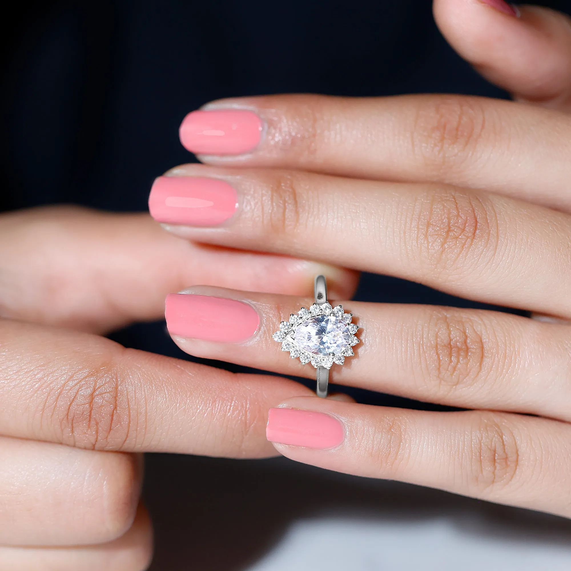 Cubic Zirconia Teardrop Halo Engagement Ring