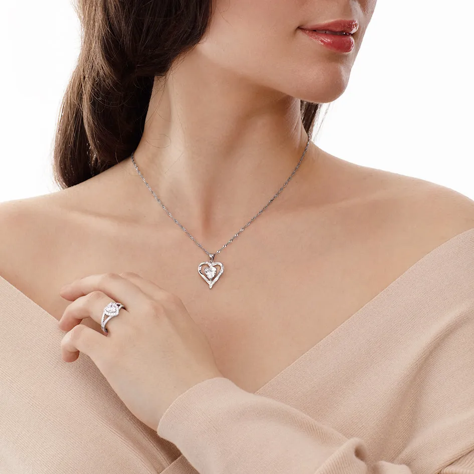 DEPHINI silver ring set - Heart Necklace Earrings & Ring - 925 Silver