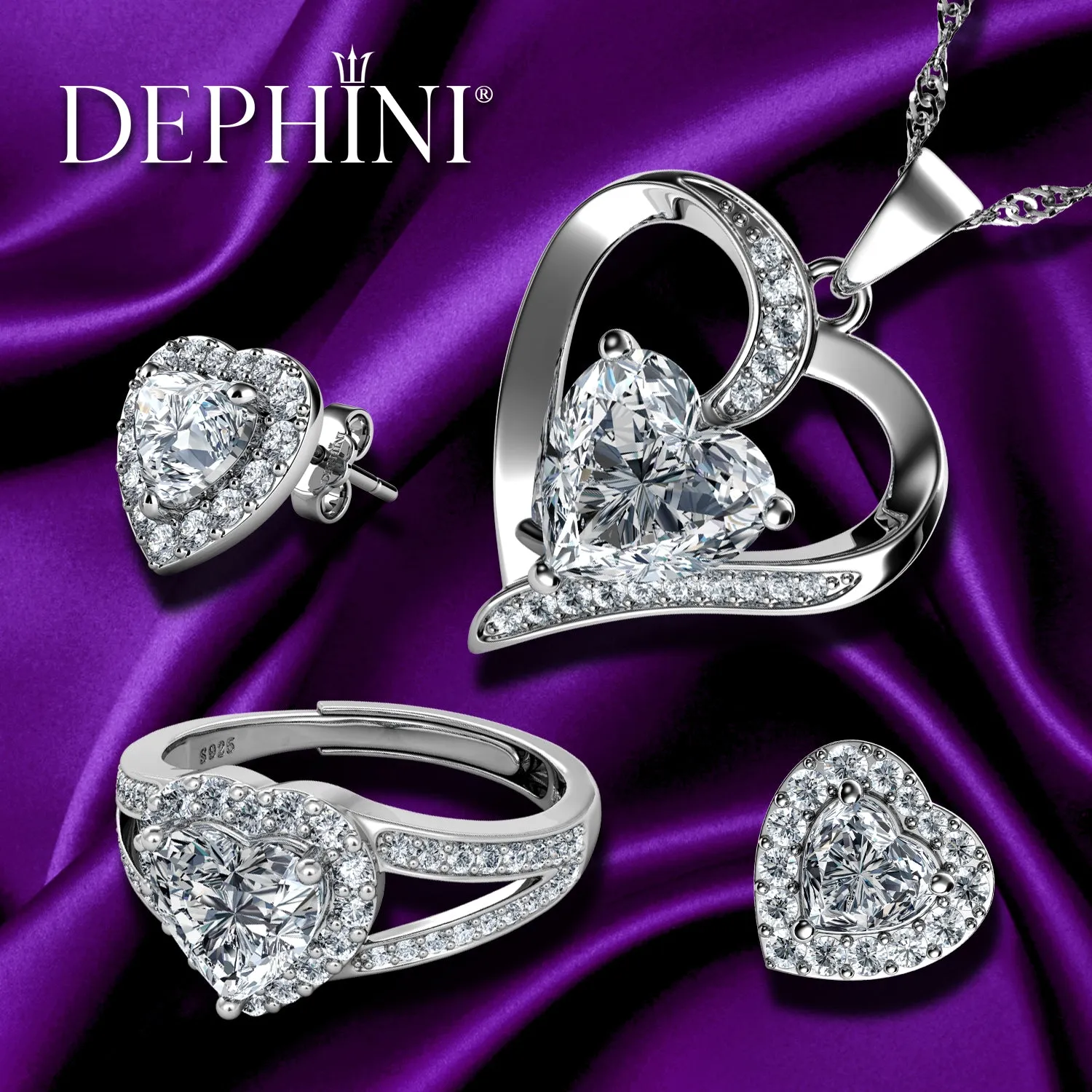 DEPHINI silver ring set - Heart Necklace Earrings & Ring - 925 Silver