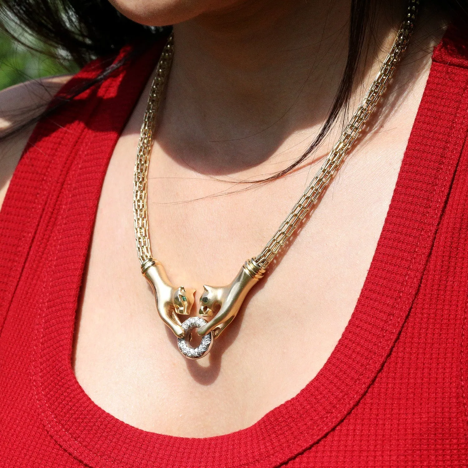 Double Panther Clasping Diamond O-Ring Necklace 14K Gold