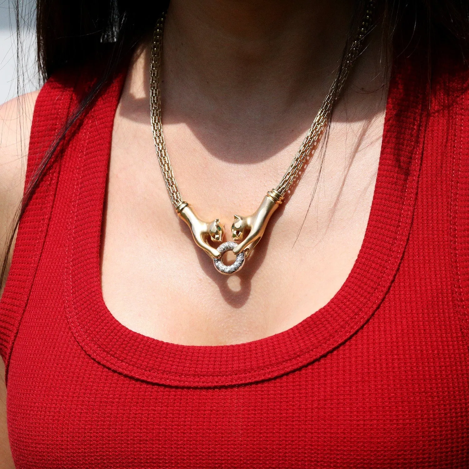 Double Panther Clasping Diamond O-Ring Necklace 14K Gold