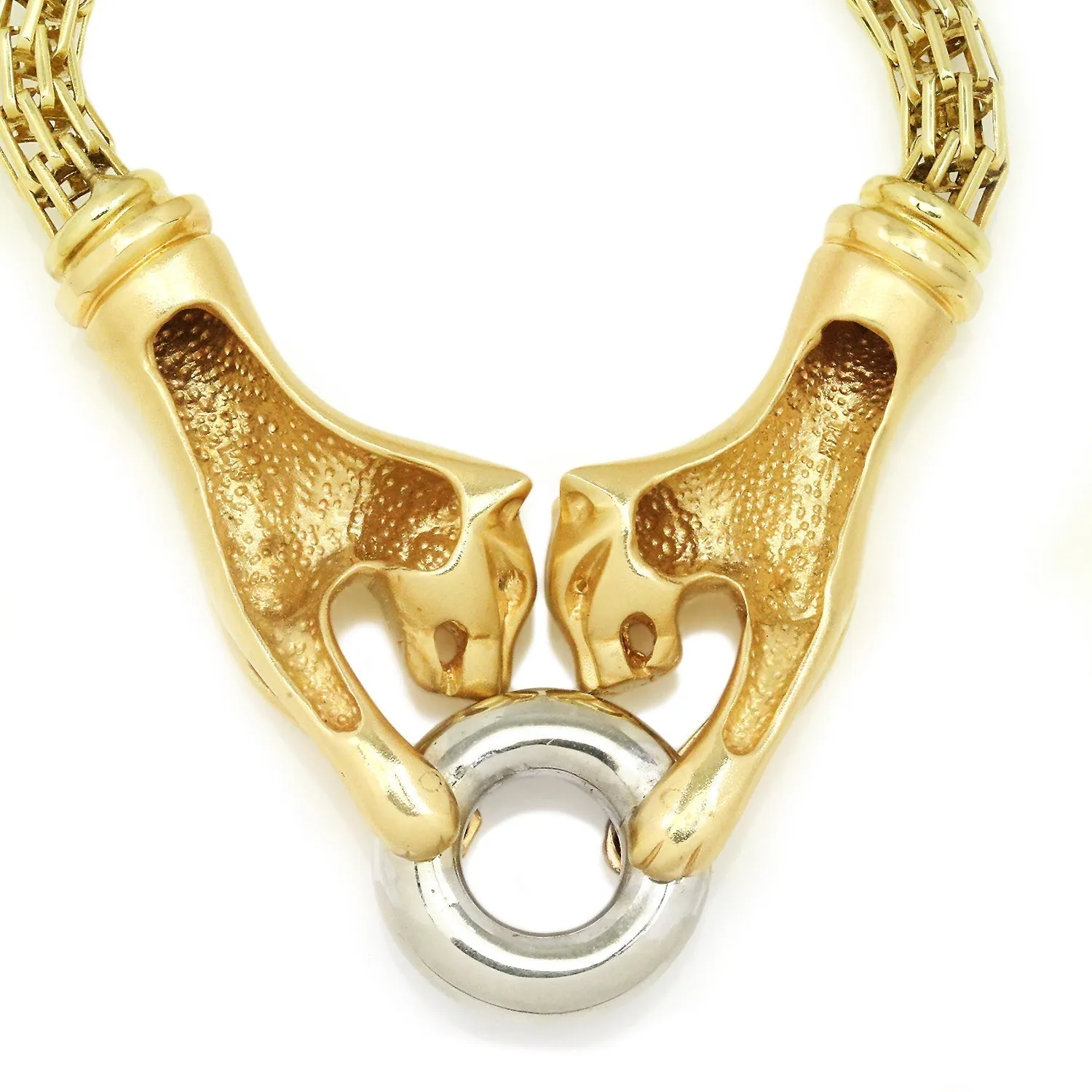 Double Panther Clasping Diamond O-Ring Necklace 14K Gold