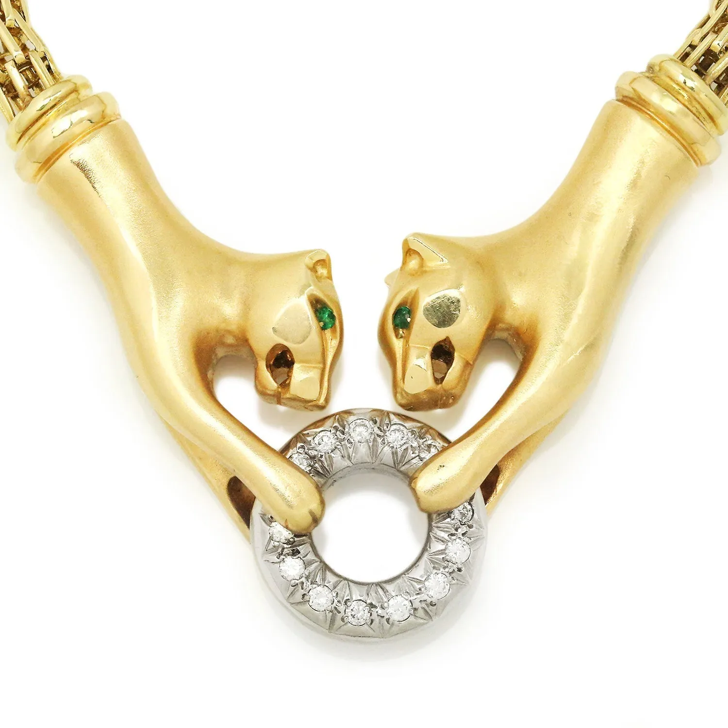 Double Panther Clasping Diamond O-Ring Necklace 14K Gold