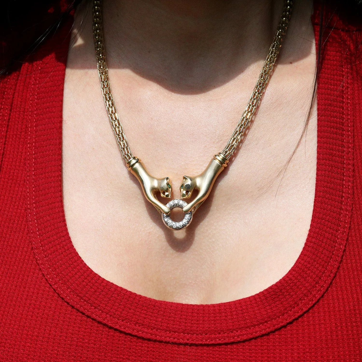 Double Panther Clasping Diamond O-Ring Necklace 14K Gold
