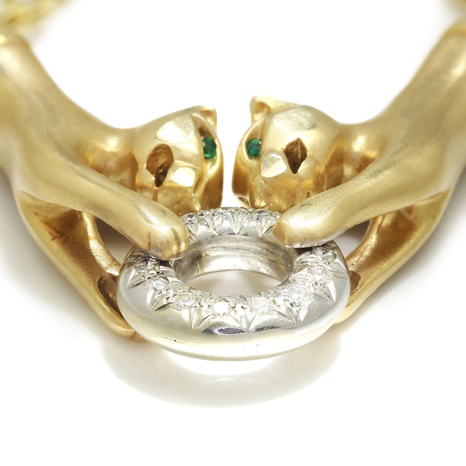 Double Panther Clasping Diamond O-Ring Necklace 14K Gold