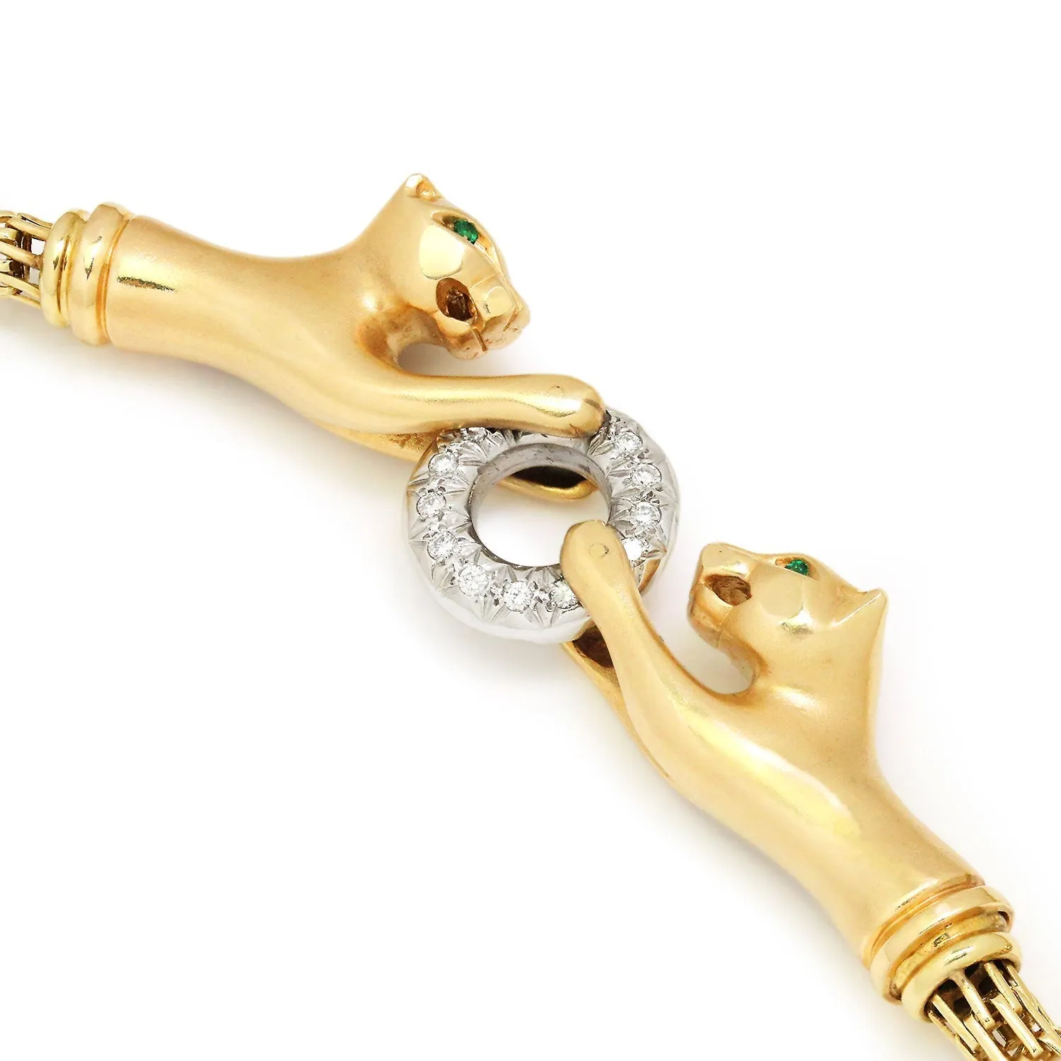Double Panther Clasping Diamond O-Ring Necklace 14K Gold