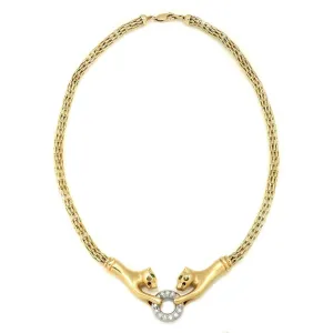 Double Panther Clasping Diamond O-Ring Necklace 14K Gold