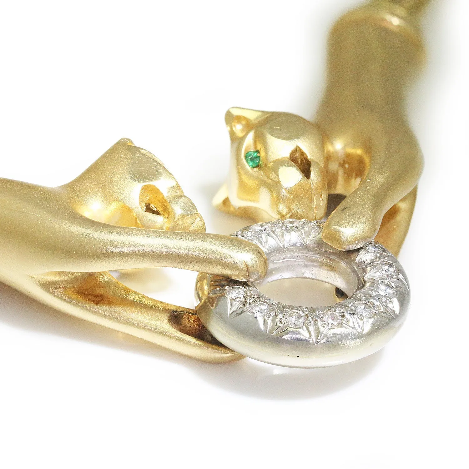 Double Panther Clasping Diamond O-Ring Necklace 14K Gold