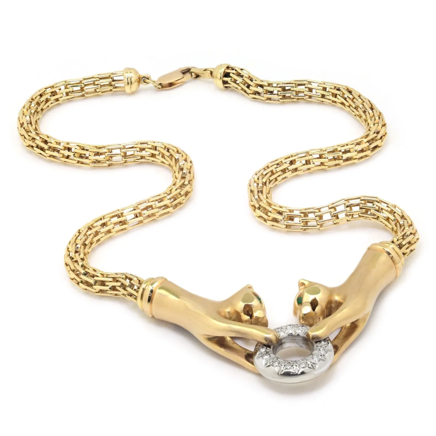 Double Panther Clasping Diamond O-Ring Necklace 14K Gold