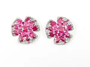 Elegant Unique Floral Shape Ruby Color CZ Silver Earrings