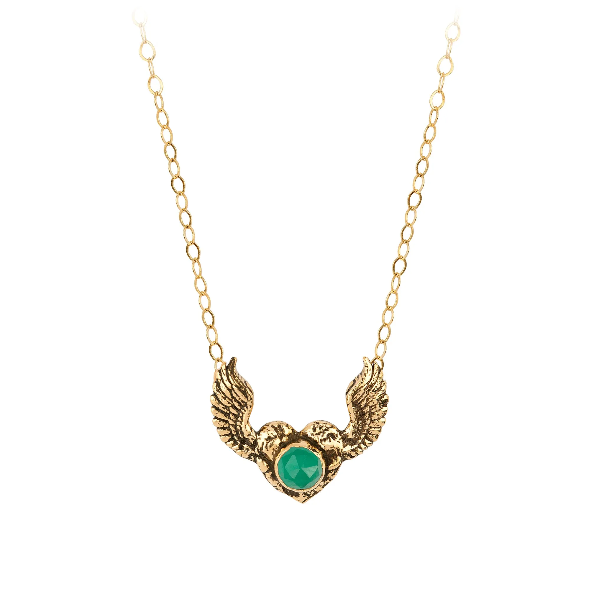 Emerald 14K Gold Heart With Wings Faceted Stone Necklace