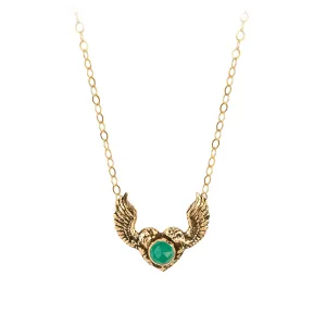 Emerald 14K Gold Heart With Wings Faceted Stone Necklace