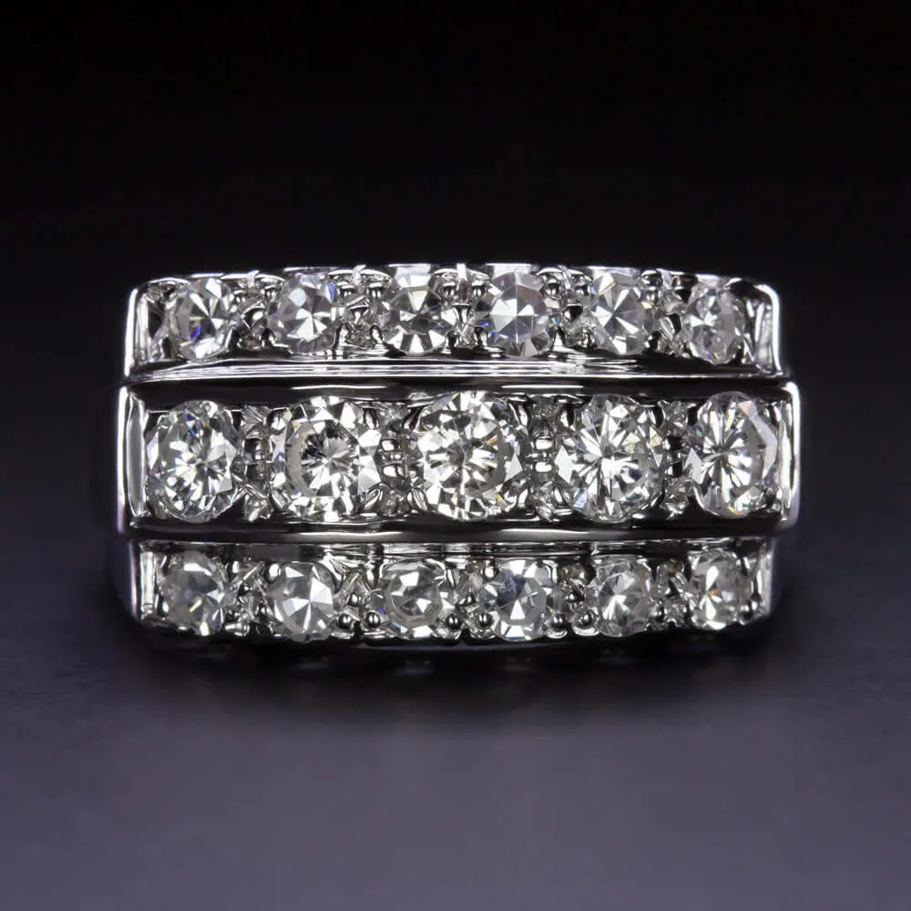 F-G VS 1.25ct NATURAL DIAMOND COCKTAIL RING 3 ROW ROUND CUT BAND 14K WHITE GOLD