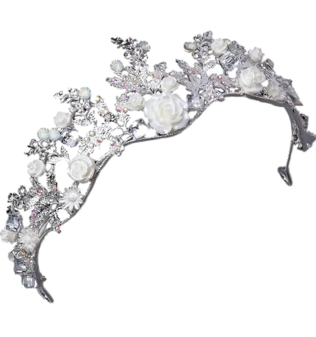 Floral white silver Tiara Crown Detailed Princess Queen cosplay diadem crystal real metal