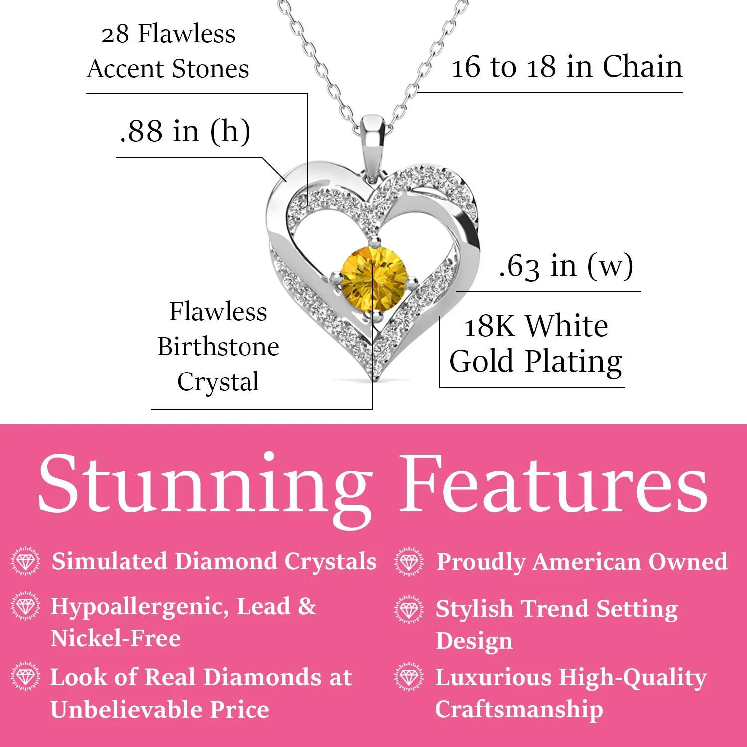 Forever November Birthstone Citrine Necklace, 18k White Gold Plated Silver Double Heart Crystal Necklace