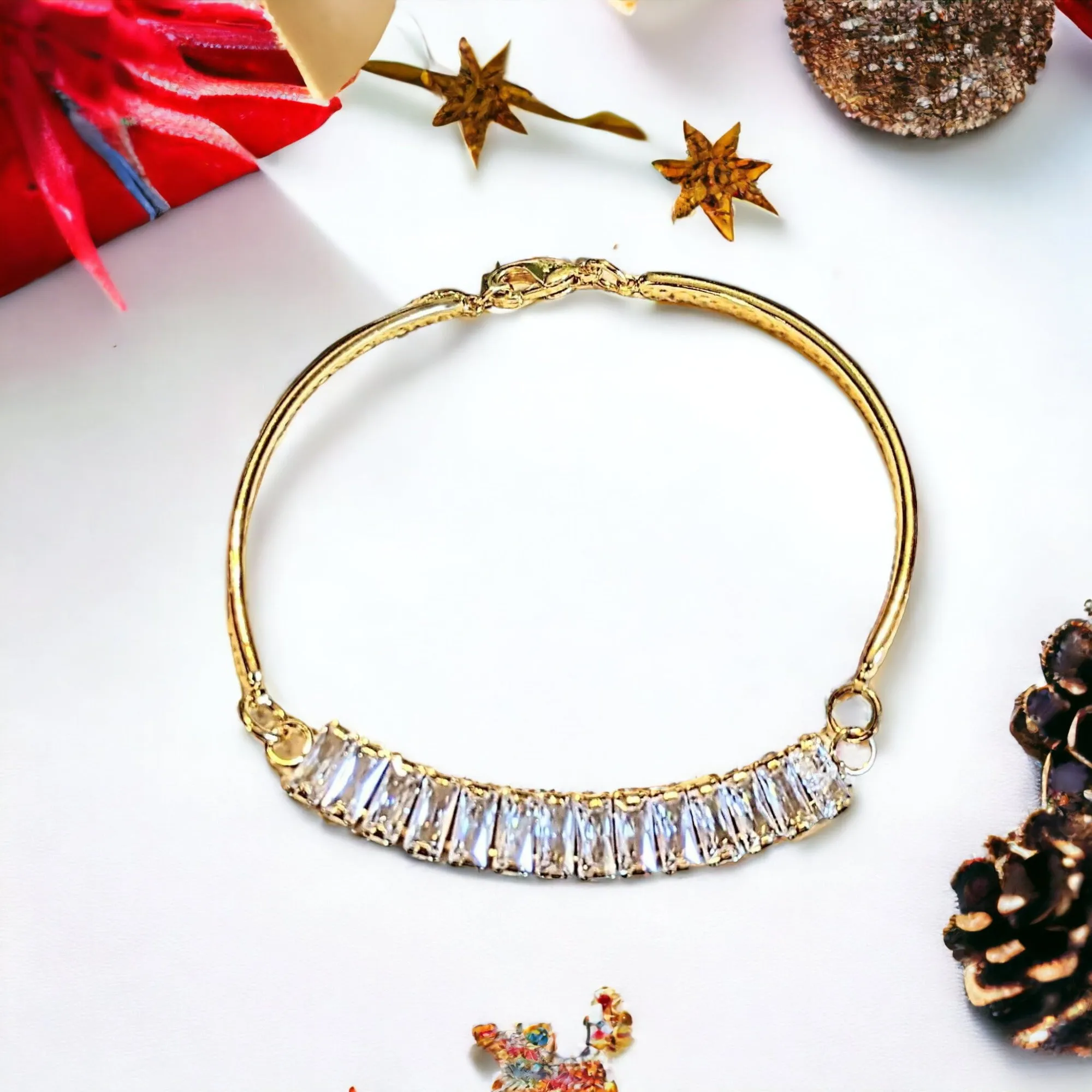 Gold CZ Baguette Bangle Bracelet, Large