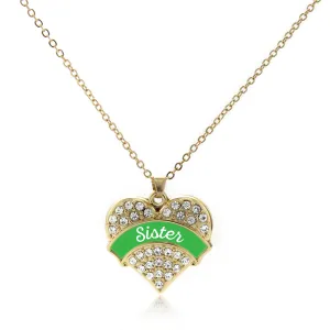 Gold Emerald Green Sister Pave Heart Charm Classic Necklace