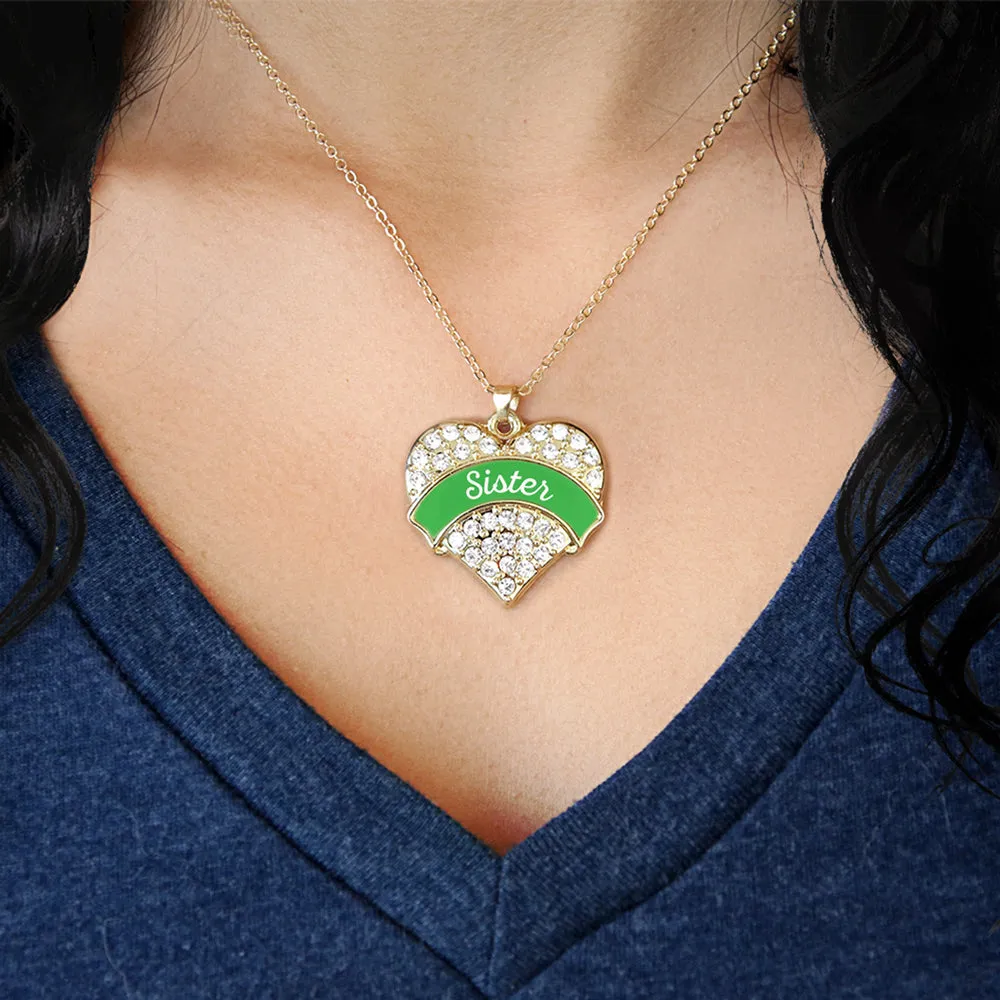 Gold Emerald Green Sister Pave Heart Charm Classic Necklace