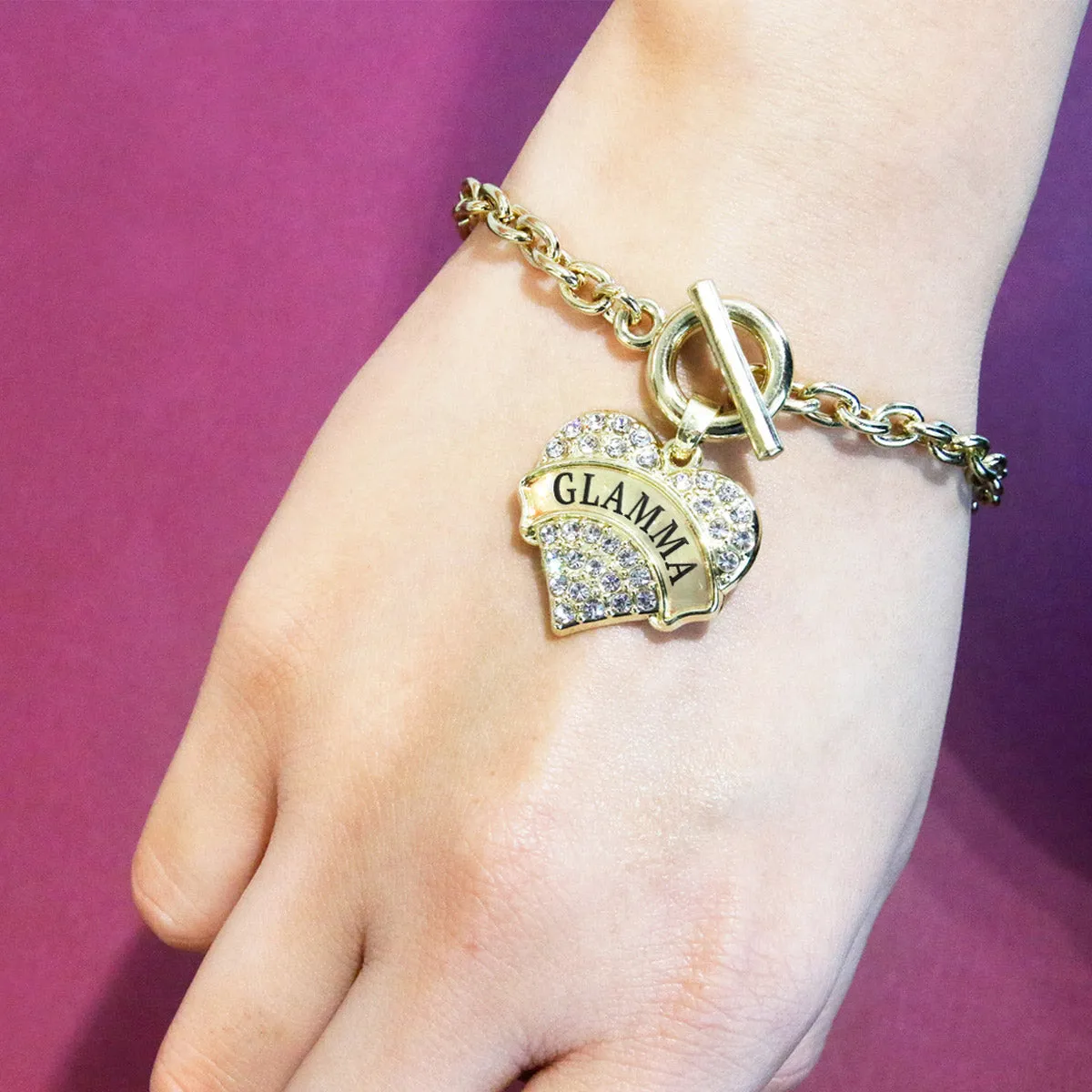 Gold Glamma Pave Heart Charm Toggle Bracelet