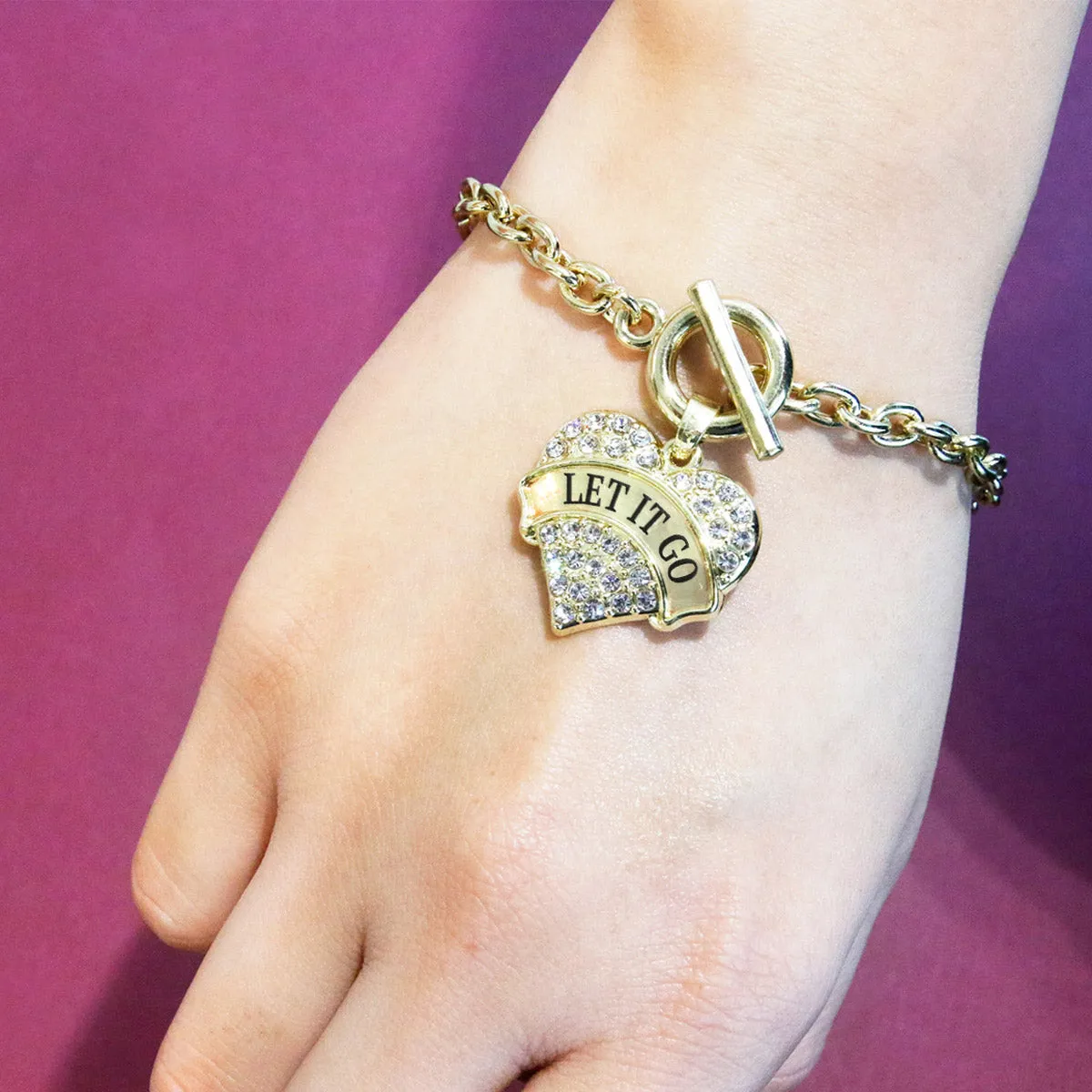 Gold Let It Go Pave Heart Charm Toggle Bracelet