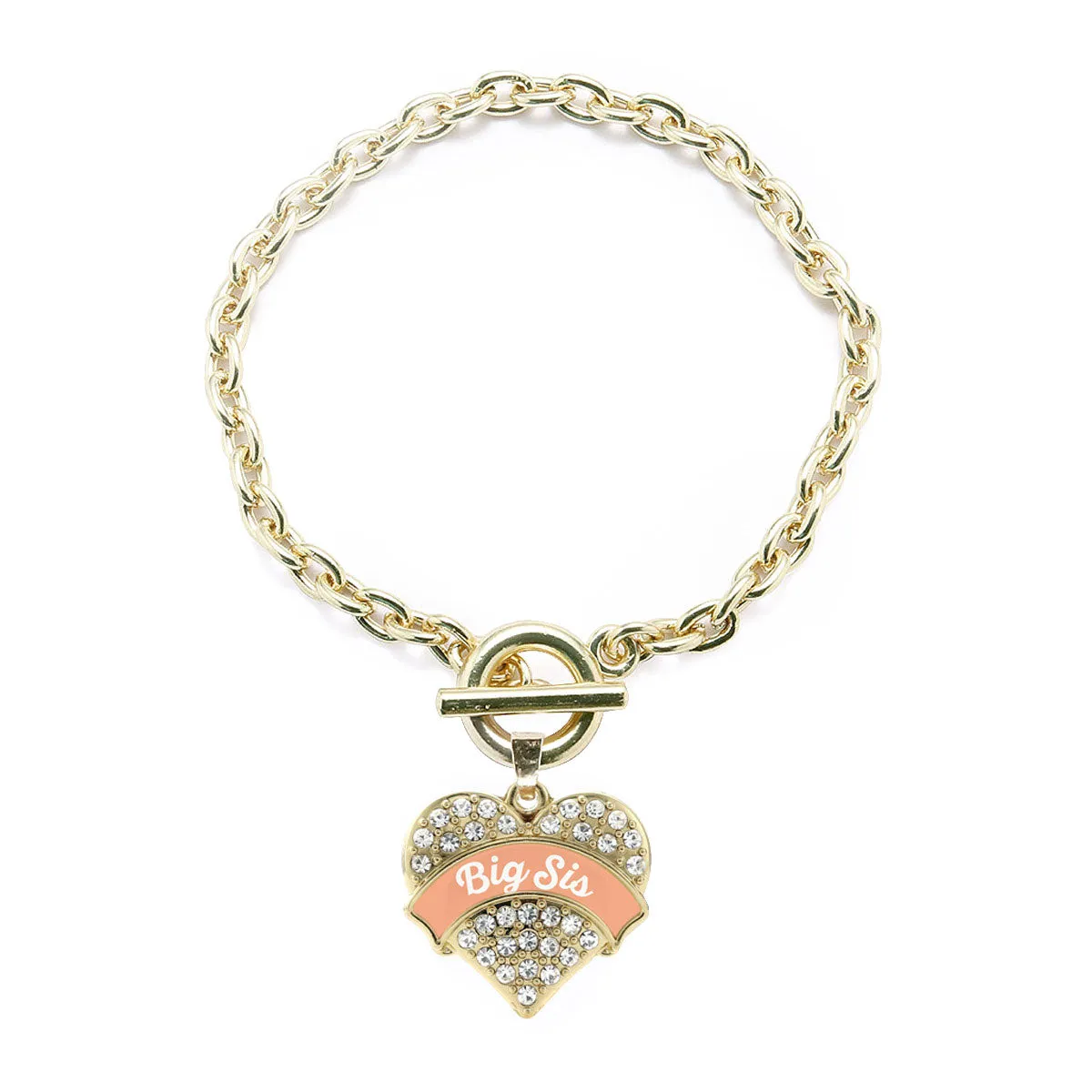 Gold Peach Big Sister Pave Heart Charm Toggle Bracelet