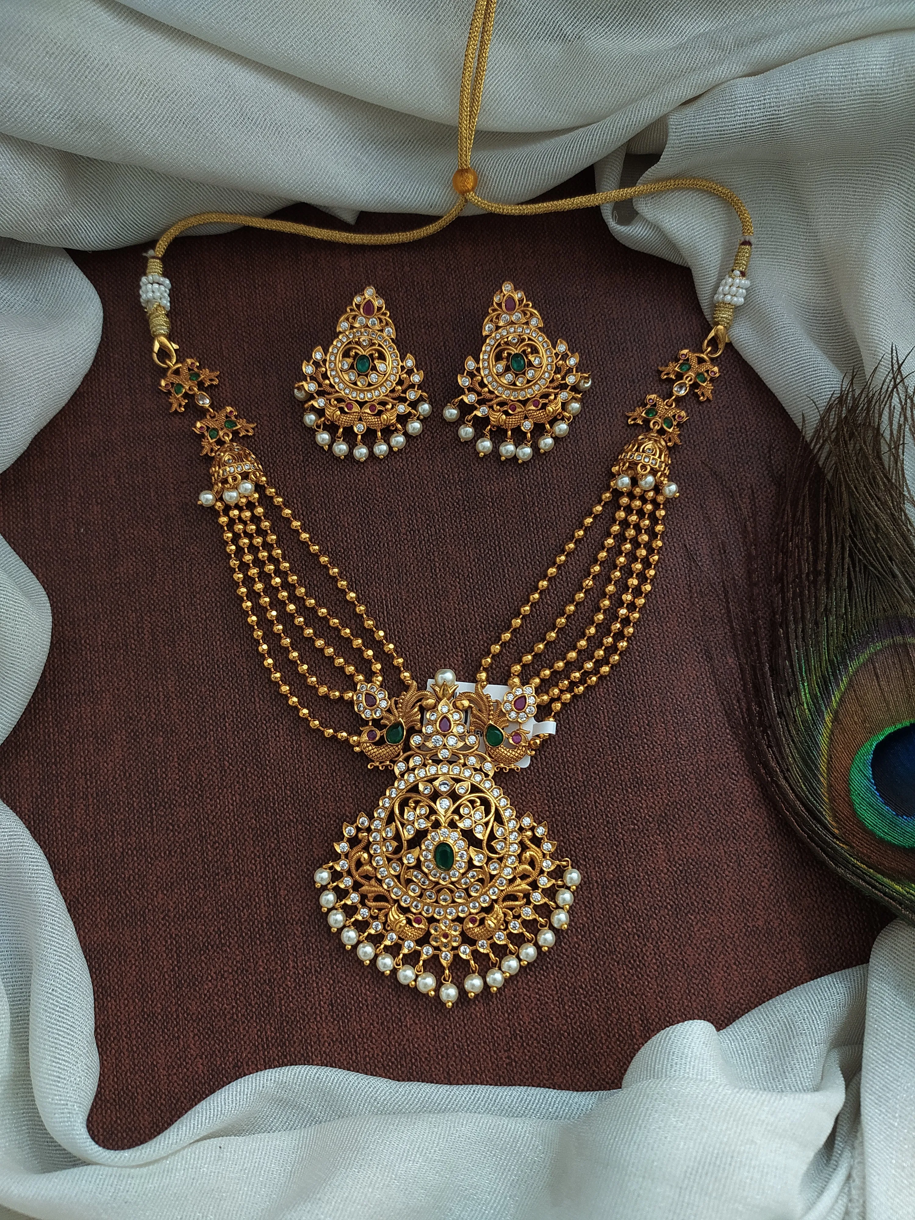 Gold-Plated Layered Necklace Set with Emerald and Ruby Accents