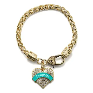 Gold Teal Daughter Pave Heart Charm Braided Bracelet