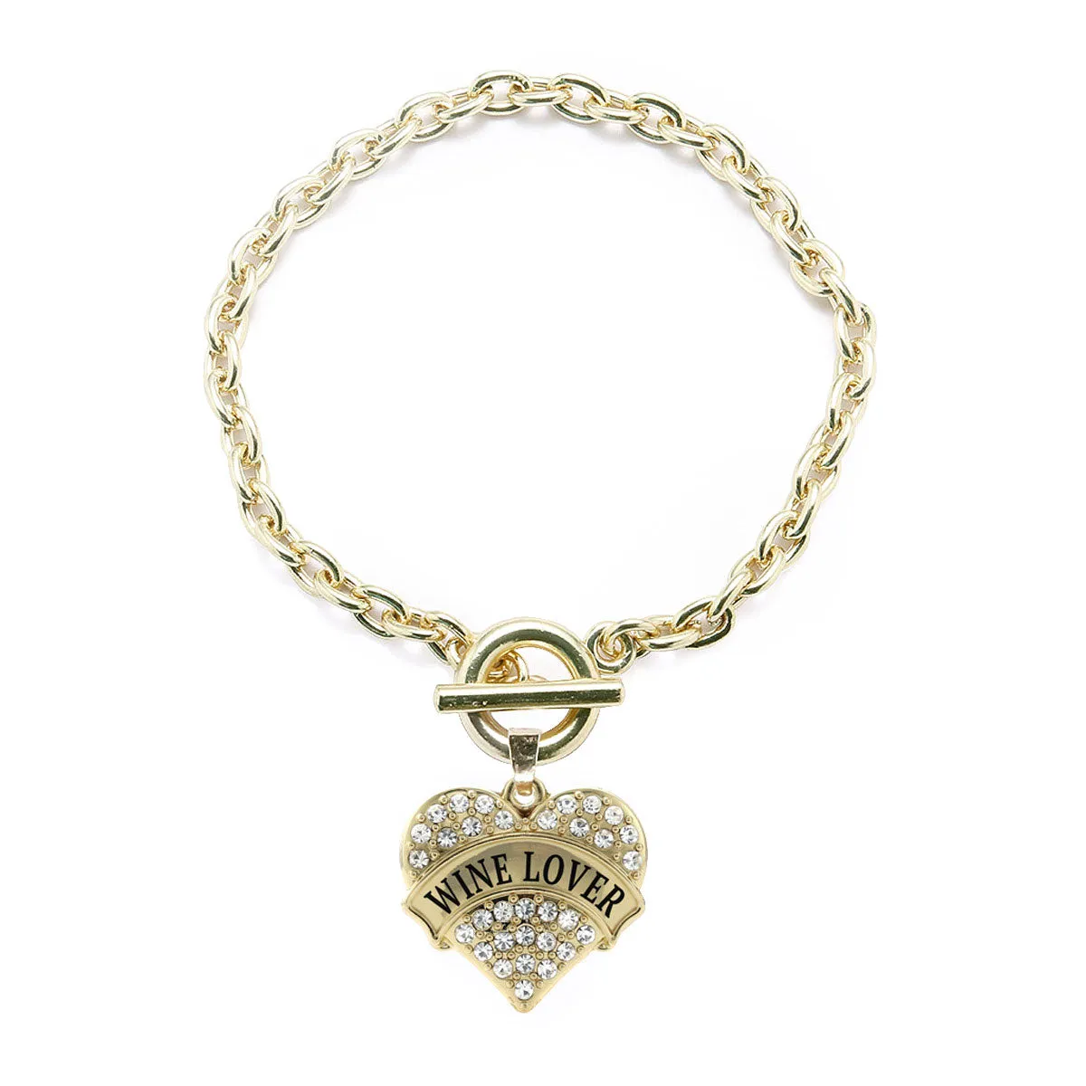 Gold Wine Lover Pave Heart Charm Toggle Bracelet