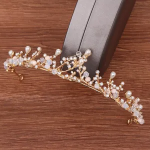 Golden Branch Pearl Rhinestone Bridal Crown Tiara