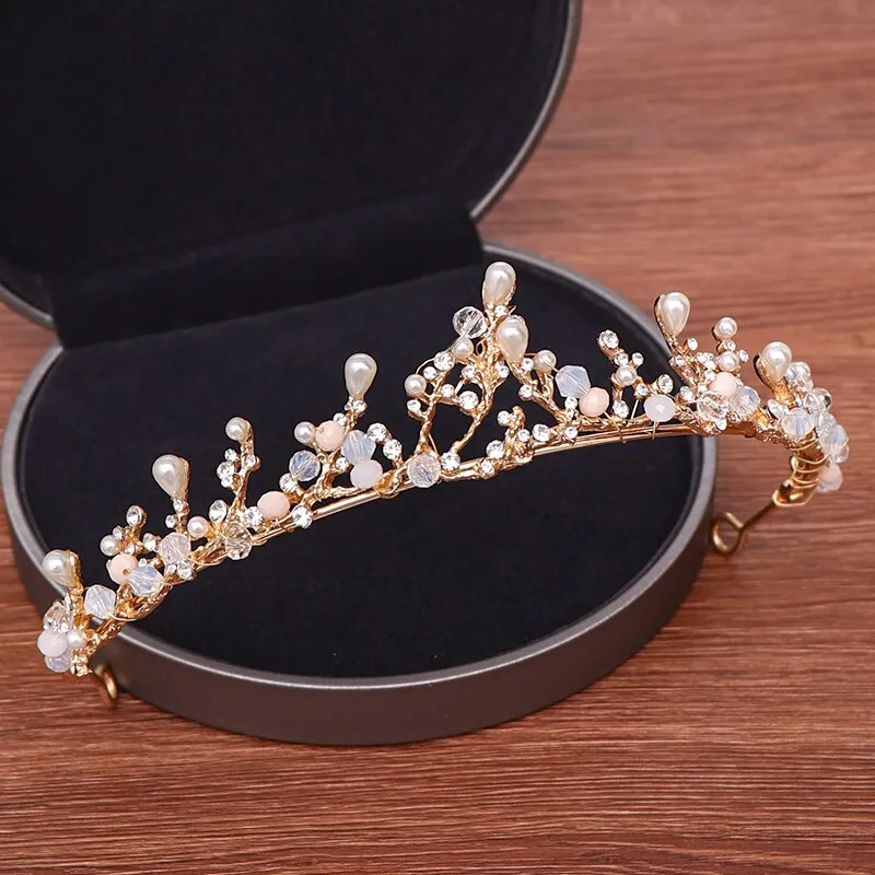 Golden Branch Pearl Rhinestone Bridal Crown Tiara