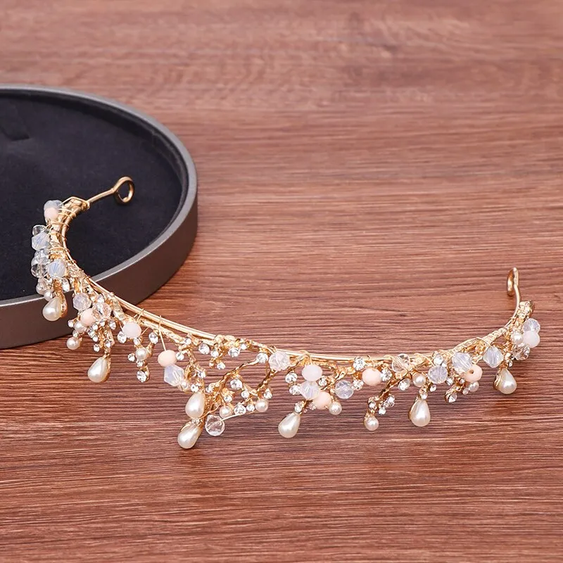 Golden Branch Pearl Rhinestone Bridal Crown Tiara
