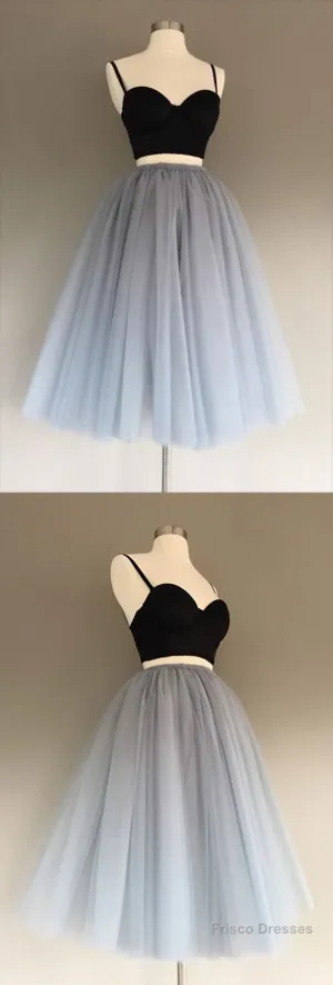 Gray Tulle Charming A-Line Two-Piece Short Homecoming Dress,Cocktail Dress