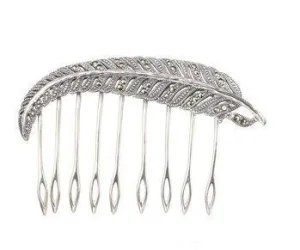 Hair Comb Vintage Bride Silver Marcasite Bridal Wedding Feather
