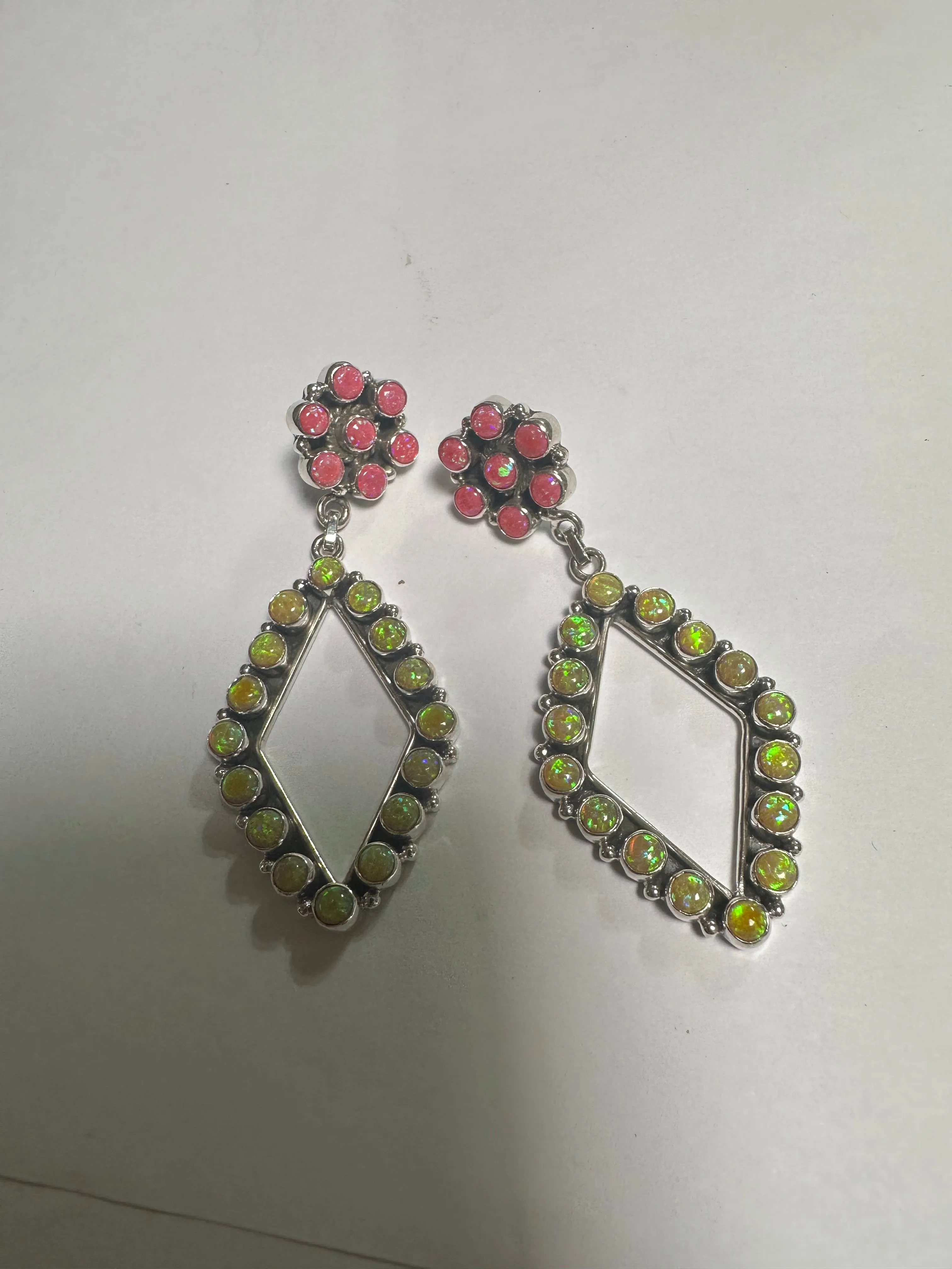 Handmade Dark Pink Fire Opal & Yellow Fire Opal and Sterling Silver Handmade Dangles