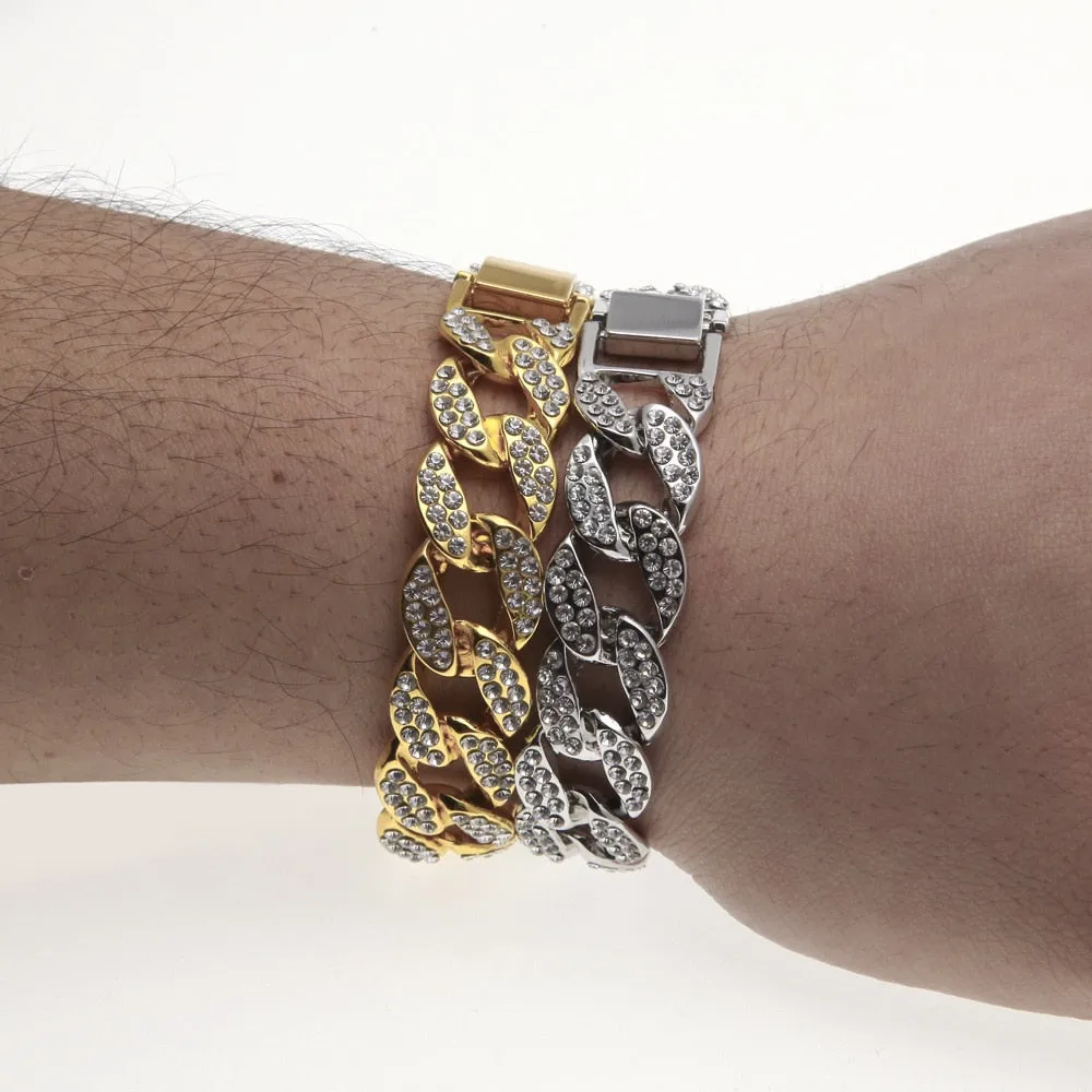 Hip Hop Bracelet- Iced Out 15mm Bling Full Rhinestone Cuban Link Chain