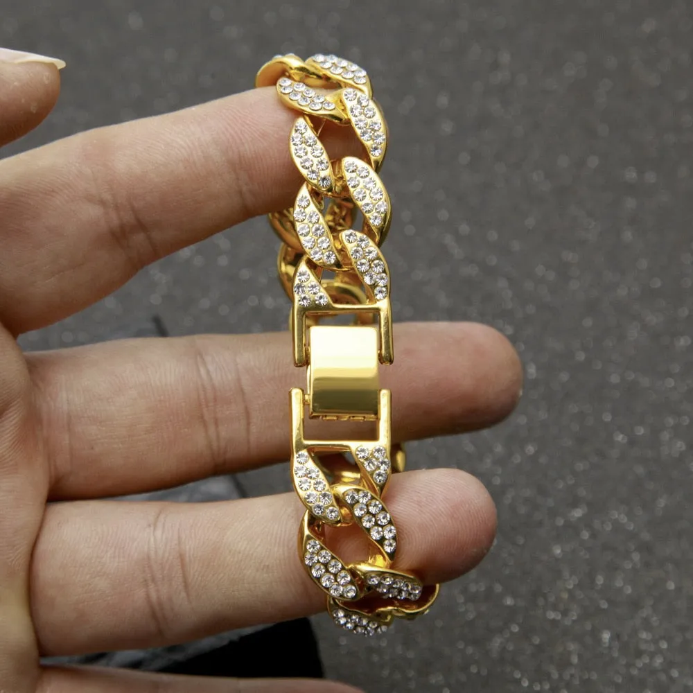 Hip Hop Bracelet- Iced Out 15mm Bling Full Rhinestone Cuban Link Chain