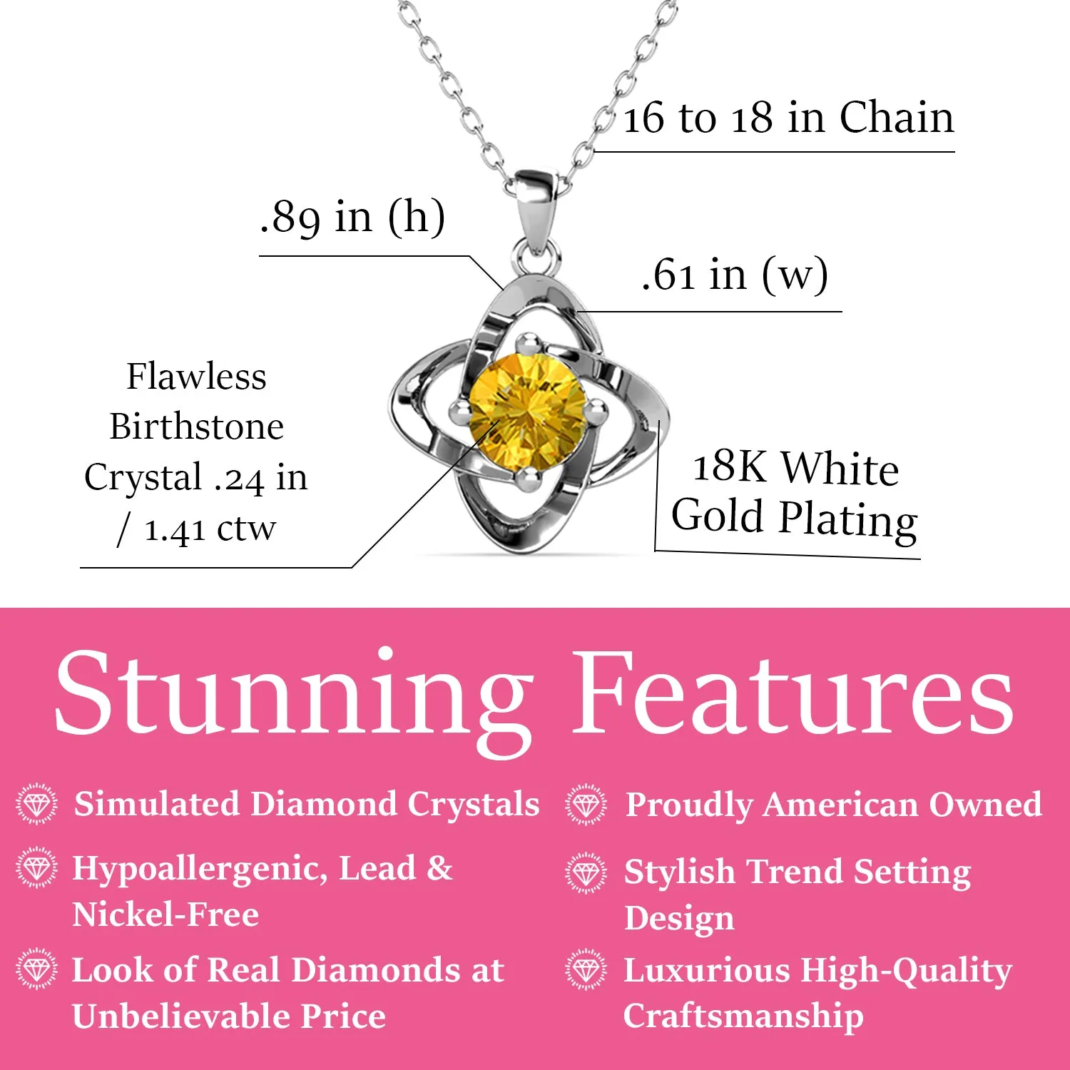 Infinity November Birthstone Citrine Necklace, 18k White Gold Plated Silver Birthstone Crystal Necklace