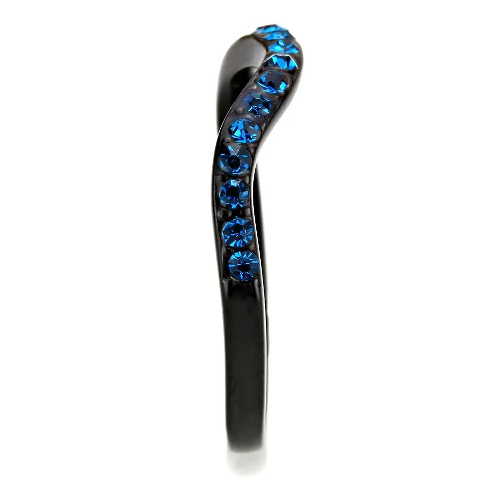 IP Black(Ion Plating) Stainless Steel Ring with Top Grade Crystal in Blue Zircon for Women Style TK3557