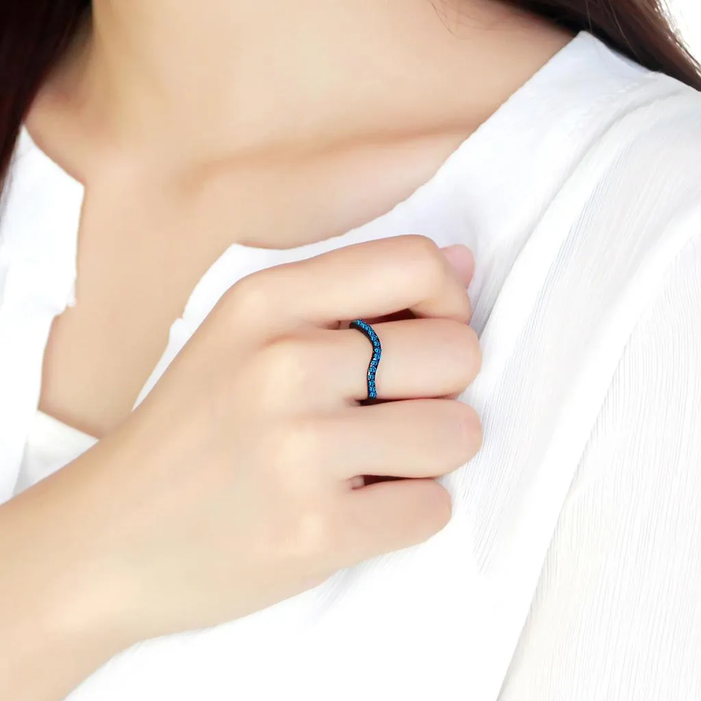 IP Black(Ion Plating) Stainless Steel Ring with Top Grade Crystal in Blue Zircon for Women Style TK3557