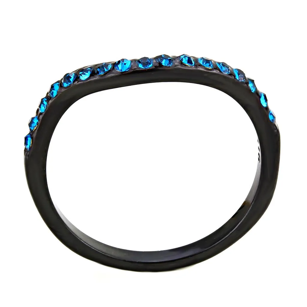 IP Black(Ion Plating) Stainless Steel Ring with Top Grade Crystal in Blue Zircon for Women Style TK3557