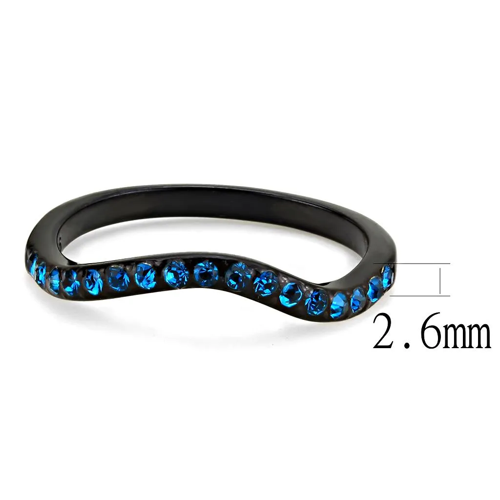 IP Black(Ion Plating) Stainless Steel Ring with Top Grade Crystal in Blue Zircon for Women Style TK3557