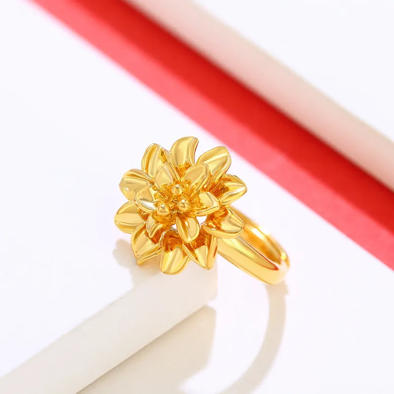 Jewelry Plated 24K Gold Alloy Flower Ring Women's Design Niche Retro Ring Wedding Ring